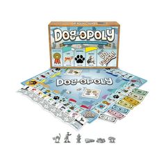 the dog - poopy board game is shown with its contents and pieces laid out