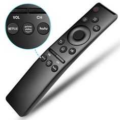 the remote control is black and has buttons on each side, which are labeled with different languages