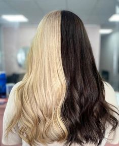 Slightly curled hair that's been dyed half blonde and half brown, split down the middle Glowup Inspiration, Half Blonde Half Brown, Hairdye Ideas, Half Dyed Hair, Hairstyle Examples, Dyed Blonde Hair, Dye Hair