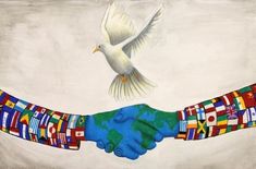 two hands are shaking each other while the dove is flying above them, with flags painted on their arms