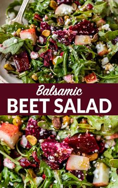 a salad with beets and feta cheese on top is shown in this image