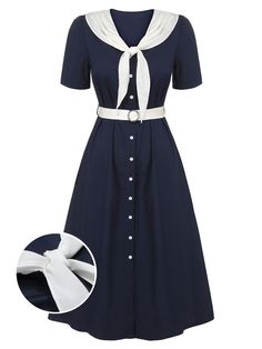 Dark Blue & White 1940s Sailor Collar Dress | Retro Stage 1940’s Outfits, Sailor Dress Women, 1940’s Dresses, Nautical Fashion Women, Sailor Collar Dress, 1940 Dress, 1930's Dresses, Retro Stage, 1940s Outfits