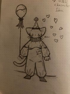 a drawing of a cat wearing a hat and holding a balloon