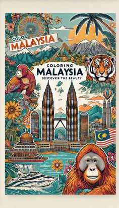 a poster with an image of a monkey and other animals in front of a city