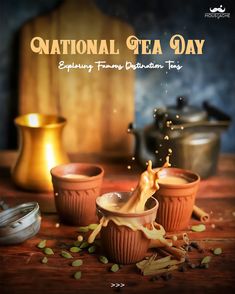 an advertisement for national tea day featuring three cups filled with liquid and some pumpkin seeds