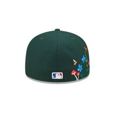 the new era 59fifty fitted in forest green with blue flowers and bees