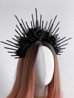 Gothic wedding halo crown, Flower Girl Crown, Black headdress, Halo crown black roses, Goddess zip tie, Pagan Woodland crown, Bridal Sun headband, Halloween halo crown headdress  This unique handmade halo crown created with flowers, leaves, steel headband and zip ties. The size of this headdress is universal for adult person. It sits soft and comfortable on the head and you can dance and move a long time. All products will be shipped by fast courier company and the trucking number will be sent t Black Floral Headpiece, Halloween Flower Crown, Witch Crown Diy, Goth Veil, Persephone Crown, Black Headdress, Zip Tie Crown, Halloween Headdress, Skull Headpiece