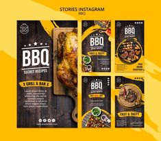 brochure design for bbq restaurant with food items on wooden table and yellow background