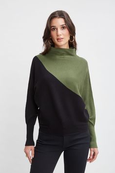 The asymmetric color blocking & mock neck add to the architectural appeal of this relaxed fit sweater. Designed with dolman sleeves & a rib stitch, we love the look and feel of this ultra-soft butter yarn sweater.     T-Tahari Mock Neck Rib Asymmetric Colorblock Sweater    52% Viscose, 28% Polyester, 20% Nylon    Runs true to Size    Model is 5'9" and wearing size S    Dry Clean Only    Imported    Style #: THF49014 Autumn Green, Yarn Sweater, Colorblock Sweater, Rib Stitch, Jumpsuit Jacket, Long Sleeve Short Dress, Color Block Sweater, Knit Tees, Denim Coat