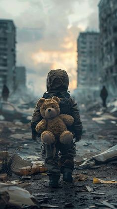 a teddy bear is held in the arms of a man walking through rubble with buildings in the background