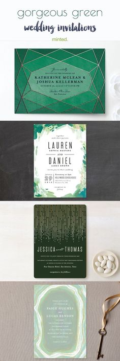 the wedding stationery is laid out on top of each other, with different font and colors