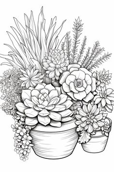 a black and white drawing of succulents in a pot