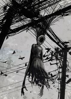 a woman standing under power lines with birds flying around