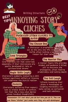 an info sheet with two women talking to each other and the words annoying story cliches