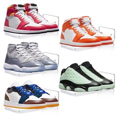 four pairs of sneakers in different colors and sizes