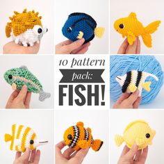 crocheted fish made from different colors and sizes are featured in this photo with the words, 10 pattern pack fish