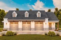 a two car garage with three windows on each side