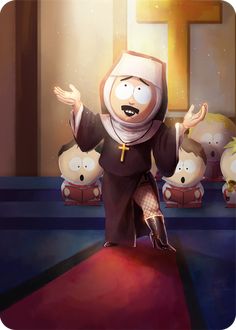 an animated image of a nun walking down the aisle with her hands in the air