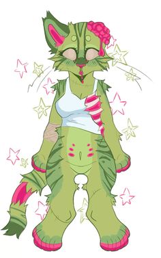 a drawing of a green cat with pink and white stripes on it's chest