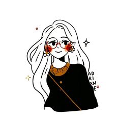 a drawing of a woman wearing glasses and a black shirt with red eyeliners