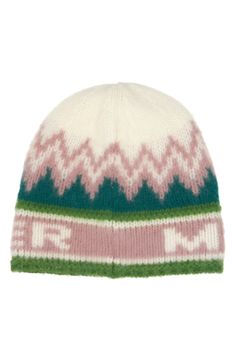 a white and green hat with pink, blue, and green designs on the front