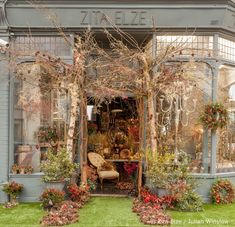 a store front with lots of plants and flowers in the window display area on the lawn