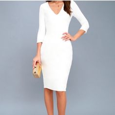 New With Tag. Lulus White Style And Slay Bodycon Chic Midi Dress, Lulus Exclusive! Dress It Up For Work, Dress It Down For Brunch, The Styling Possibilities Are Endless With The Lulus Style And Slay White Bodycon Midi Dress! Medium-Weight, Stretch Knit Dress Has A Deep V-Neckline, Darted Bodice, And Fitted Three-Quarter Sleeves. Bodycon Midi Skirt With Back Kick-Pleat Has A Chic And Sophisticated Look. Hidden Back Zipper. Dress Is Lined; Sleeves Are Not. Shell: 68% Rayon, 27% Nylon, 5% Spandex. Fitted White V-neck Midi Dress, White V-neck Bodycon Dress For Date Night, White V-neck Bodycon Dress, White V-neck Bodycon Dress For Brunch, Fitted White V-neck Dress, White Midi Length V-neck Dress For Formal Occasion, White Midi V-neck Dress For Formal Occasions, White Dress Fall, White Midi Dress Bodycon