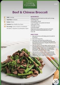 broccoli, beef and chinese broccoli on a white plate