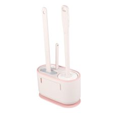 two toothbrushes in a holder on a white surface with pink trimmings