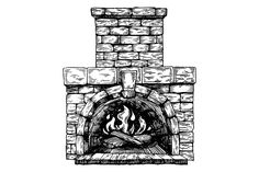 an old brick fireplace with flames and logs on the side, vintage line drawing or engraving illustration