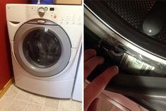 two pictures side by side, one with a washing machine and the other with a dryer