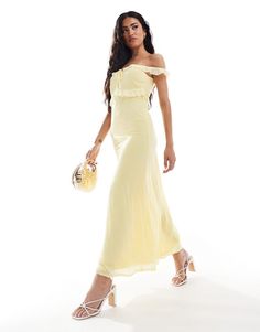 Dresses by ASOS DESIGN Your basket called, it wants this Bardot neck Tie front Ruffle details Regular fit Yellow Wedding Guest Dresses, Bardot Midi Dress, Bardot Dress, Yellow Midi Dress, Lemon Dress, Dress With Tie, Satin Slip Dress, Maxi Dress Trend, Lemon Yellow