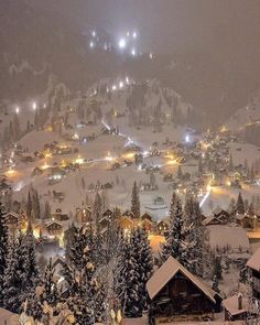 a ski resort at night covered in snow and lit up by street lights with trees on the slopes