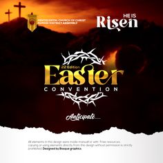 the easter convention flyer is shown with an image of a cross and mountains in the background