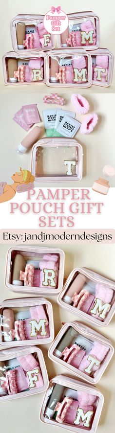 some pink and white items are arranged in plastic containers with the words pamper pouch gifts written on them