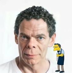 a man in white shirt and black hair with simpsons character on his face next to him