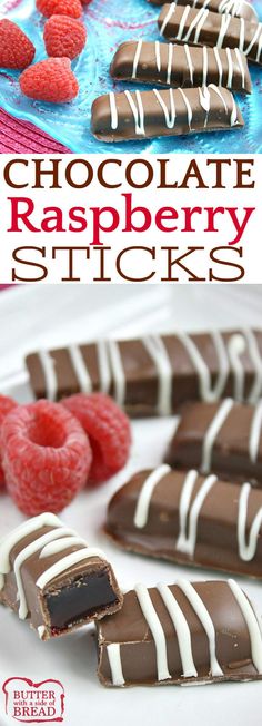 chocolate raspberry sticks on a plate with raspberries