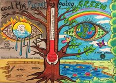 a tree with an eye on it and the words cool the planet by going green