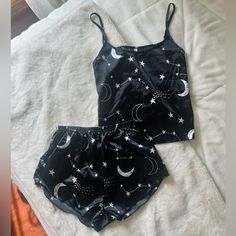 Satin Black Constellation Pajama Set Size S Never Worn, Super Cute And Trendy Set, I Just Am Moving Away For College Soon And Would Like To Sell More Of My Clothing Since I Can’t Take All Of It With Me. Feel Free To Make An Offer <3 Celestial Pajamas, Alt Pajamas, Aesthetic Pjs, Goth Pajamas, Dark Pajamas, Black Loungewear, Wishlist Ideas, Pjs Set, Black Pajamas