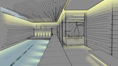 an artistic rendering of a hallway with light coming in from the ceiling and lighting on the walls