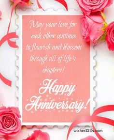 happy anniversary card with pink roses and ribbon