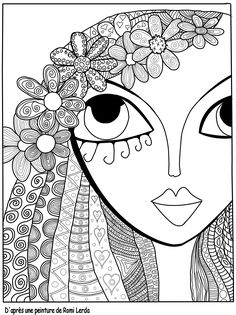 an adult coloring page with a woman's face and flowers in her hair