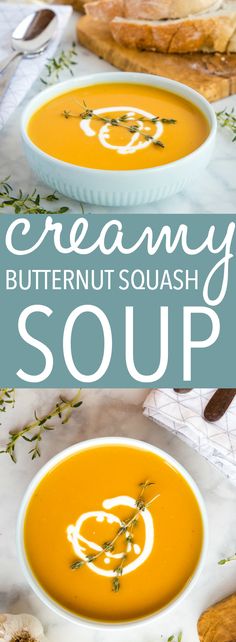 two bowls of creamy butternut squash soup on a table with bread in the background