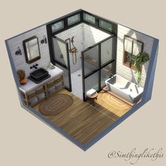 an aerial view of a bathroom and living room in a tiny house with wood floors