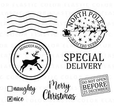 some christmas stamps and stickers on a white background