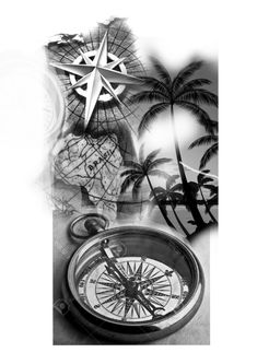 black and white photograph of compass, palm trees and other items