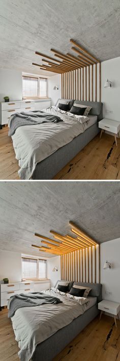 two pictures of a bed with wooden slats on the headboard