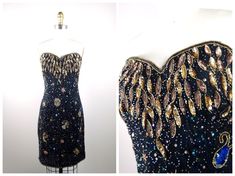 "An AMAZING dress fully embellished with sequins and beads all over featuring various zodiac signs and astrology designs. It's in perfect condition! Measurements: Bust - 32/33\" Waist - 27/28\" Hips - 35/36\" Length - 30\" This dress comes from a pet-free and smoke-free home. If you would like more info or have any questions, please don't hesitate to ask!" Stars In Space, Gold Beaded Dress, Space Dress, Embellished Gown, Beaded Gown, High Quality Dress, Moon Stars, Pink Sequin, Embellished Dress