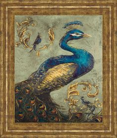 a painting of a peacock with feathers on it's tail and gold trimmings