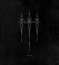 an artistic black and white drawing of three ornate candlesticks on a dark background